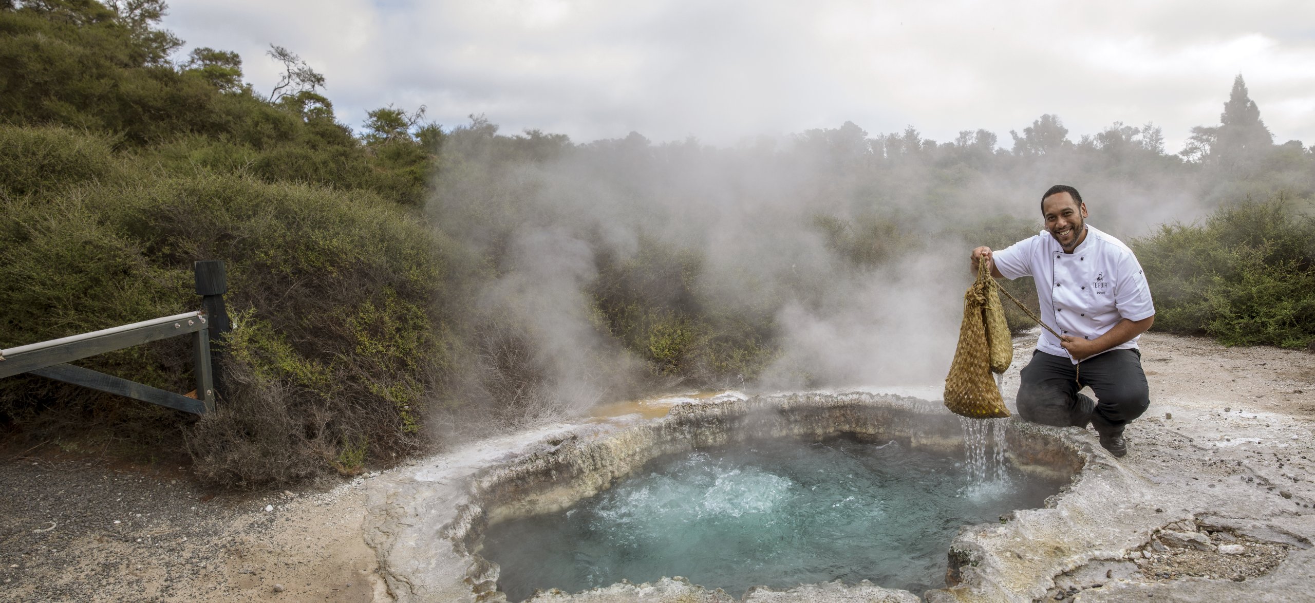 Chef with geothermal cooking at Te Puia