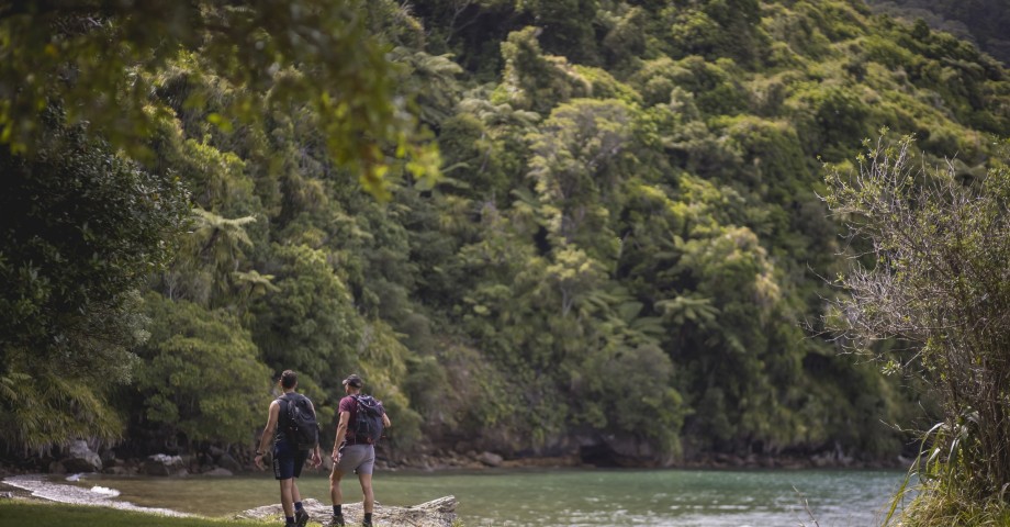 Backpackers walking along waterfront towards forestry